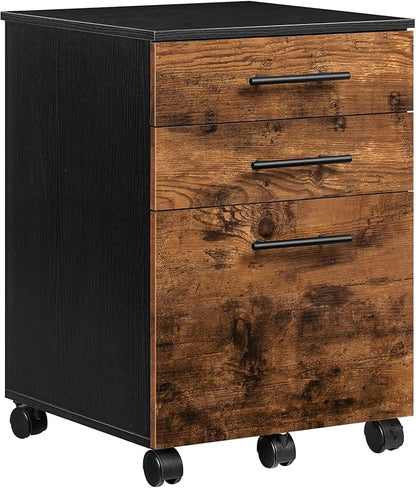 HOOBRO 3-Drawer File Cabinet, Wooden Under Desk Filing Cabinet, fits A4/Letter Size for Home Office, Small Rolling Storage Drawer Chest, Printer Stand with Drawers, Rustic Brown and Black BF02WJ01G1
