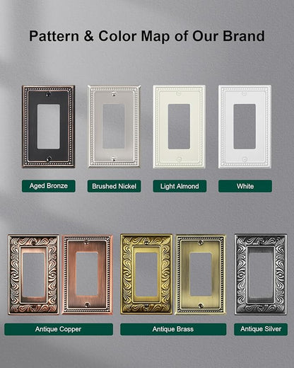 6-Pack Decorator Outlet Cover Plate, Decorative Switch Plates and Outlet Covers, Light Almond Metal Wall Plates for Electrical Outlets, Receptacle, GFCI Outlet, Dimmer Switch