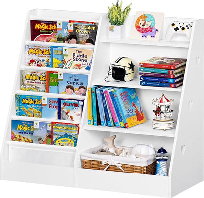 Lerliuo 4 Tier Kids Bookshelf and Storage Organizer, Five Layer Sling Children Bookcase, Baby Toddler Wooden Book Shelf, Display Cabinet for Playroom, Bedroom, Classroom, Nursery, School (White)