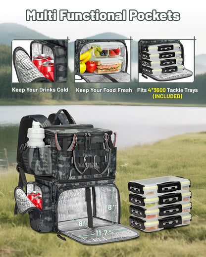 MATEIN Cooler Fishing Backpack with 4 Tackle Boxes, Fishing Bag Rod Holders