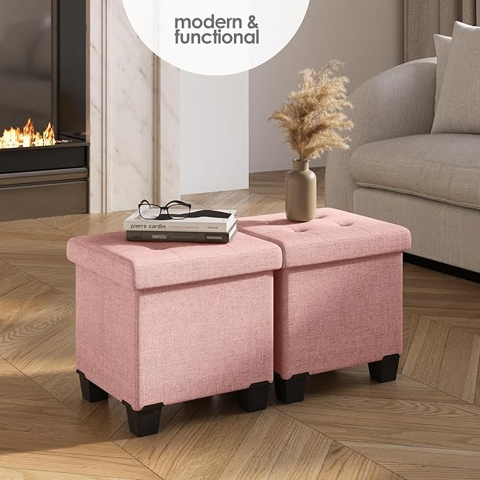 STORAGEBUD Storage Ottoman Cube with Small Bin, 16-in Square Ottoman with Storage for Living Room and Bedroom, Small Ottomans Foot Rest, Fabric Foot Stools Ottomans Max 330lbs, Pink