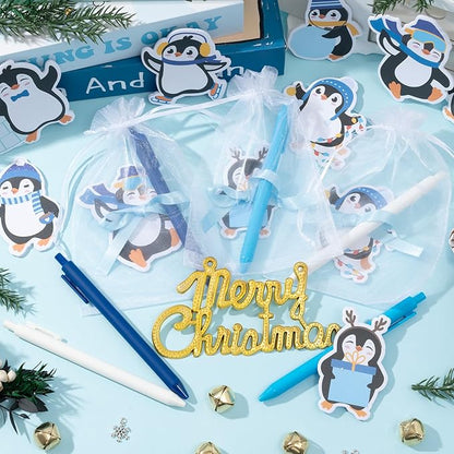 Xqumoi Winter Penguin Sticky Notes with Pen Gift Set - 24 Set Christmas Polar Animal Self Sticky Writing Memo Notepads Ballpoint Pens Mesh Bag Party Favors School Classroom Rewards Office Supplies