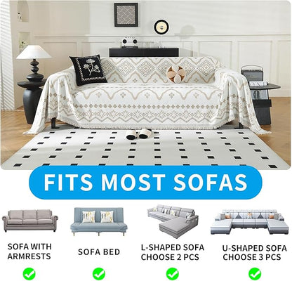 LUFEIJIASHI Boho Couch Covers for Sofa Non Slip Sofa Covers Washable Couch Covers for 3 Cushion Couch Sofa Pet Friendly Sectional Couch Cover Blanket Furniture Protector for Dogs (Khaki, 71"x150")