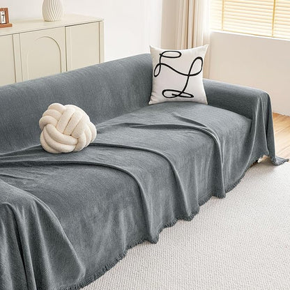 hyha Couch Cover for Dogs, Boho Sofa Covers for 3 Cushion Couch Washable, Chenille Sofa Slipcover for Pets, Soft Loveseat Sectional Couch Throw Blankets with Tassels (Grey, 88.5x118 Inch)