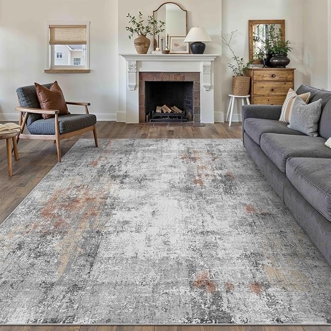 8x10 Washable Area Rug Grey Rust Modern Neutral Abstract Living Room Bedroom Indoor Floor Carpet Low Pile Soft Non-Slip Lightweight Vacuumable Large Throw Rug for Kitchen Dining Room