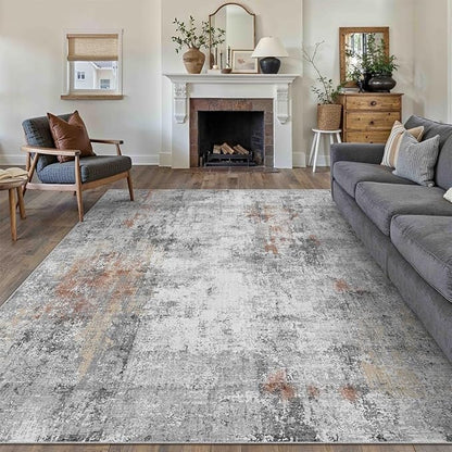 9x12 Washable Area Rug Grey Rust Modern Neutral Abstract Living Room Bedroom Indoor Floor Carpet Low Pile Soft Non-Slip Lightweight Vacuumable Large Throw Rug for Kitchen Dining Room