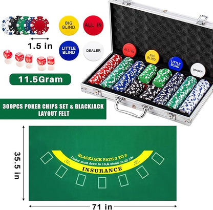 Aoriher Blackjack Casino Game Set, Include 300 Poker Chips, Casino Felt 1 Automatic Card Shuffler 6 Deck Dealer Shoe Discard Holder Tray Aluminum Case for Texas Holdem Blackjack Poker(Green)