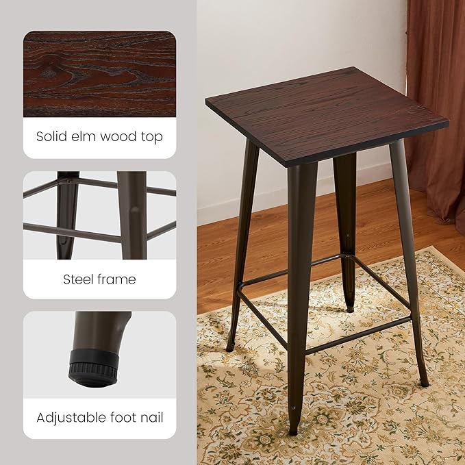 Glitzhome 41.25" H Modern Style Square High Heavy-Duty Metal Bar Table with Wooden Top Sturdy Frame Bistro Pub Table