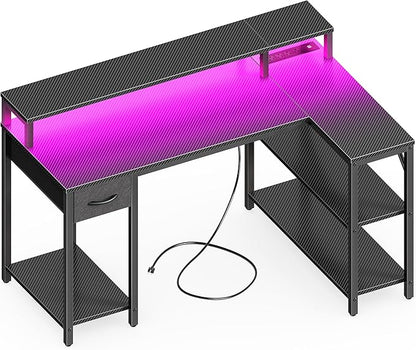 SUPERJARE 47 inch Reversible L Shaped Desk with LED Lights & Power Outlets, Computer Desk with Shelves & Monitor Stand, Gaming Desk with Drawer, Home Office Desk Corner Desk, Carbon Fiber Black
