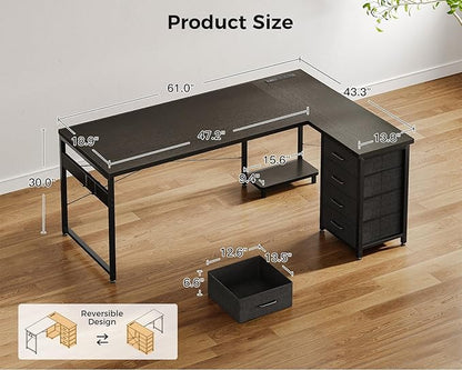 AODK L Shaped Gaming Desk with 4 Drawers, 61" Reversible Home Office Desks with Power Outlets, L Shaped Computer Desk with USB Charging Port and Host Stand, Corner Desk, Easy to Assemble, Black