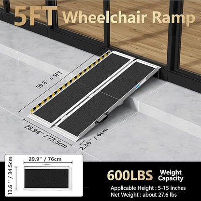 5FT Portable Wheelchair Ramp, Non-Slip Aluminum Folding Handicap Ramp, Ramps for Wheelchairs for Home with Handle, Wheelchair Ramps for Home Steps/Stairs/Threshold/Doorways/Scooter, 600LBS Capacity