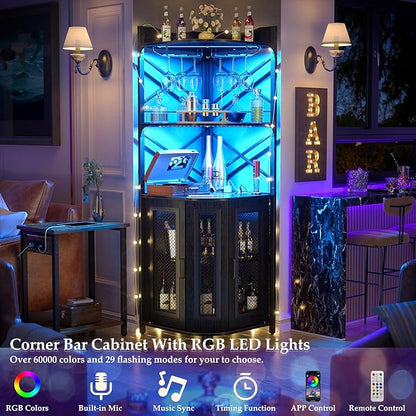 Aheaplus Corner Bar Cabinet with Power Outlet, Industrial Wine Cabinet with LED Strip and Glass Holder, 5-Tiers Liquor Cabinets Bar Unit for Home, Corner Display Cabinets for Small Space, Black