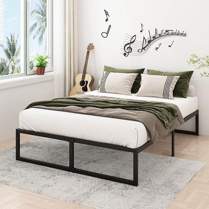 16 Inch Bed Frame Queen Size Heavy Duty Steel Slat Support Metal Platform Queen Bed Frame No Box Spring Needed, Easy Assembly, Black