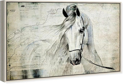 Country Farmhouse Canvas Print Painting Animal Wall Art 'Southern White Horse' Champagne Framed Canvas Rustic Home Décor 45x30 in Gray, Brown by Oliver Gal
