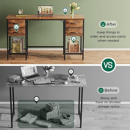 Huuger 55 Inch Computer Desk with 4 Drawers, Office Desk with Mesh Shelf, Gaming Desk, Large Storage, Writing Desk Work Desk for Home Office, Study, Bedroom, Work from Home, Rustic Brown