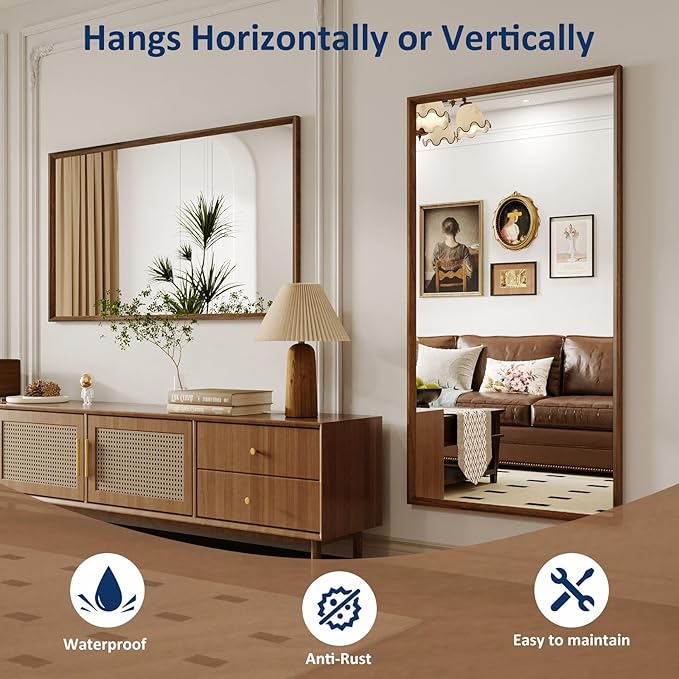 WEER Walnut Framed Mirror for Bathroom, 55x30 Inch Wall Mounted Mirror, Wood Grain Framed Vanity Mirror, Farmhouse Bathroom Mirror, Tempered Glass, Vertically or Horizontally, Anti-Rust