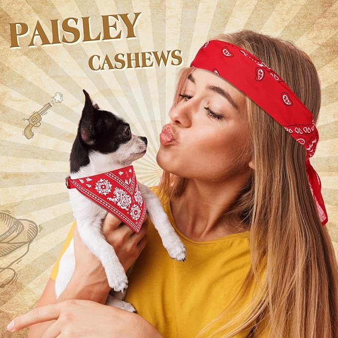 Cat Dog Bandana Collar & Owner Matching Paisley Pattern Bandana Women Headband Square Scarf Headwear Puppy Scarf for Small Dog Adjustable Cat Collar Triangle Neckerchief Handkerchief(Red)
