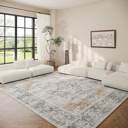 6x9 Area Rugs for Living Room: Washable Rug Stain Resistant Vintage Non Slip Low Pile Faux Wool Soft Large Area Rug for Bedroom Kitchen Dining Room Under Table Nursery Farmhouse Home Office Indoor