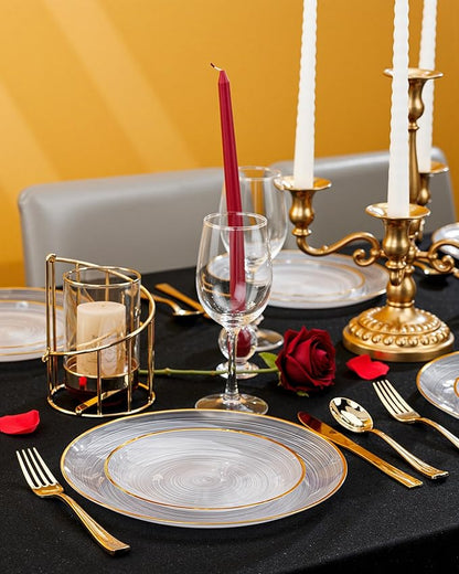 Morejoy 60Pcs Clear Plastic Plates,Clear Disposable Plates With Gold Rim,Heavy-duty Gold Plate, Modern swirl design Plate Include 30Clear Dessert-Platos,30Dinner-Platos for Party&Christmas