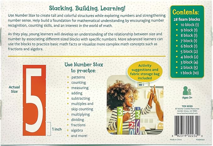 Teacher Created Resources Number STAX - Stacking Foam Number Blocks (TCR20123),28 Pieces,4+