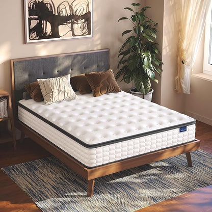 Vesgantti Queen Mattresses, 10 Inch Hybrid Pillow Top Queen Size Mattress in a Box, Memory Foam Pocket Coils Innerspring Mattresses, Fiberglass Free, Pressure Relief, Medium Firm Plush Feel