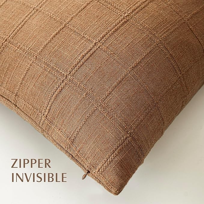 Foindtower Set of 2 Decorative Linen Check Throw Pillow Covers Neutral Farmhouse Vintage Cushion Covers Modern Boho Home Decor for Sofa Chair Couch Bedroom Living Room Outdoor,22×22 Inch,Brick