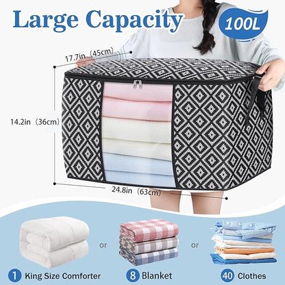 Direct 100L, 3 Pack, Storage Containers, Large Clothes Storage Bins Foldable Organization and Storage Bags with Reinforced Handle, Clear Window for Bedding, Blankets, Clothing, Black