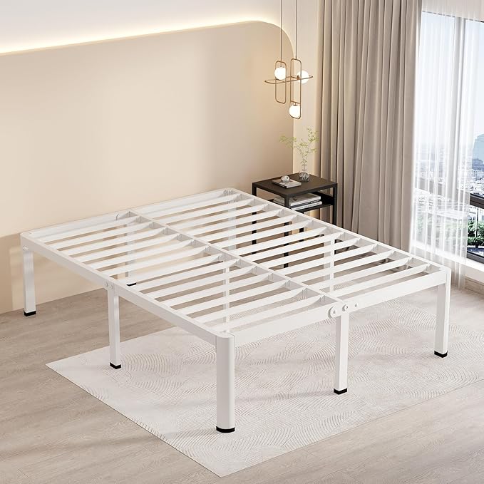 MAF 18 Inch King Size Bed Frame White with Round Corner Legs Mattress Slide Stopper No Box Spring Needed Heavy Duty Metal Platform Bed Frames Under-Bed Storage Space, 3000 LBS Steel Slats Support