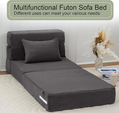 MeMoreCool Boneless Folding Chair Bed – Dark Grey Corduroy Single Sleeper Sofa, 4-in-1 Convertible Futon Couch with Pillow, Compact Fold-Out Floor Mattress with Washable Cover for Bedroom, Guest Room