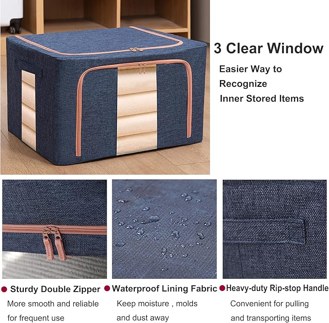 100L Large Storage Bags,Stackable Clothes Storage Bins with Hold Shape Metal Frame,Foldable Closet Organizer Containers with Zipper,Clear Window,Thick Fabric for Seasonal Clothing (Navy 4 Pack)