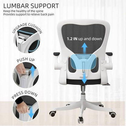 Monhey Office Chair - Ergonomic Office Chair with Lumbar Support & Flip Up Arms Home Office Desk Chairs Rockable High Back Swivel Computer Chair White Frame & Black Mesh Study Chair