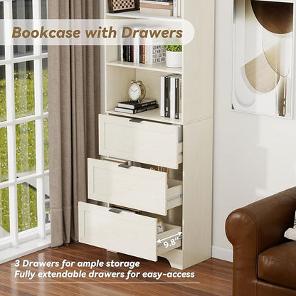6 Tier Book Shelf with Drawers,White Farmhouse Display Bookshelf with Organizers and Storage,Free Standing Tall Bookshelf with Cabinet for Bedroom,Living Room, Office