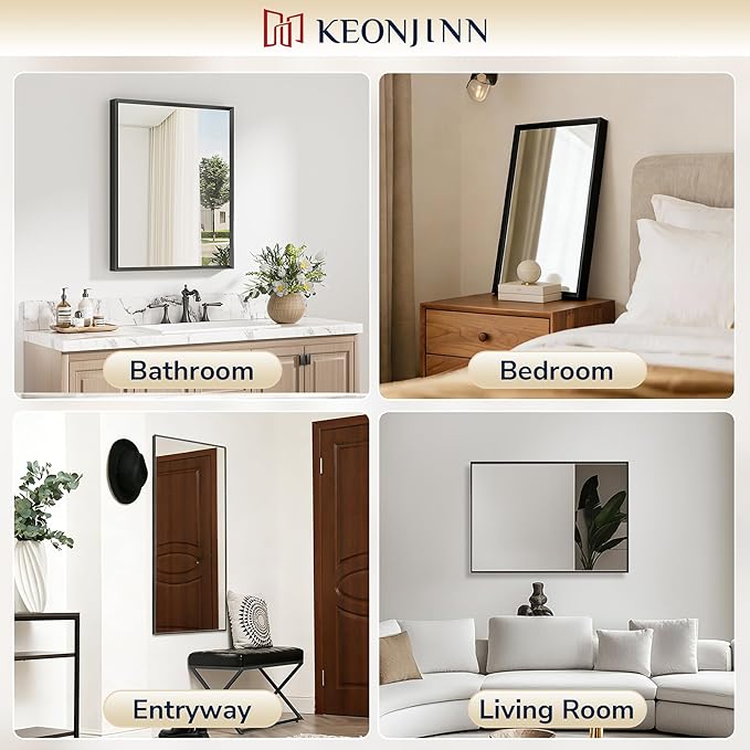 Keonjinn 30 x 36 Inch Black Bathroom Mirror, Beveled Rectangle Framed Mirror for Wall, Black Bathroom Vanity Mirror for Over Sink, Tempered Glass, Square Corner, Farmhouse Style