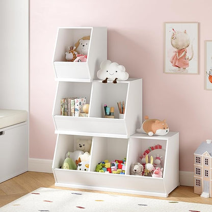 UTEX Stackable Toy Storage Cabinet, Wooden Cubby Organizer, White Shelf for Playroom, Bedroom, Living Room, Nursery, 2 Cubes