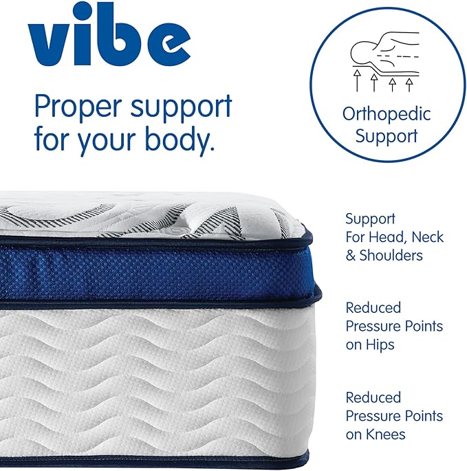 Vibe Quilted Hybrid Mattress, 12-Inch Innerspring and Pillow Top Gel Memory Foam Mattress, Fiberglass Free, CertiPUR-US Certified Bed in a Box, Full, White