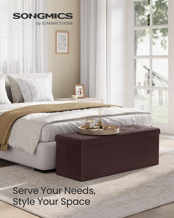 SONGMICS MAZIE Collection - 43 Inches Folding Storage Ottoman Bench, Ottoman with Storage, Foot Rest Stool, Load 660 lb, for Living Room, Synthetic Leather, Brown ULSF703