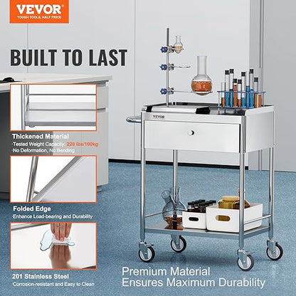 VEVOR Medical Cart, 2-Layer Stainless Steel Cart 220 lbs Weight Capacity, Lab Utility Cart with 360° Silent Wheels and a Drawer for Lab, Clinic, Kitchen, Salon