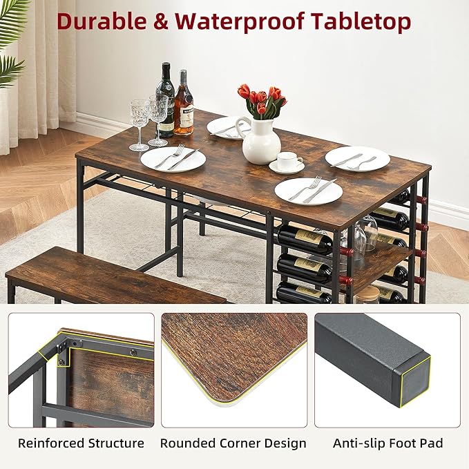 IDEALHOUSE Dining Table Set for 4, Kitchen Table Set for 4 with 2 Benches, Rectangular Dining Room Table Set with Wine Rack, 3 Piece Dining Table Set for Small Space Apartment, Rustic Brown