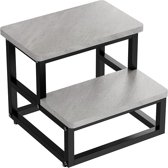 Step Stools, Heavy Duty Stepping Stool for Kids Adults, Non-Slip Metal and Wooden 2 Steps Foot Stool for High Beds and Kitchen, Round Corner, 500 Lbs Capacity, Cement Gray