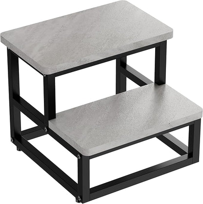 Step Stools, Heavy Duty Stepping Stool for Kids Adults, Non-Slip Metal and Wooden 2 Steps Foot Stool for High Beds and Kitchen, Round Corner, 500 Lbs Capacity, Cement Gray