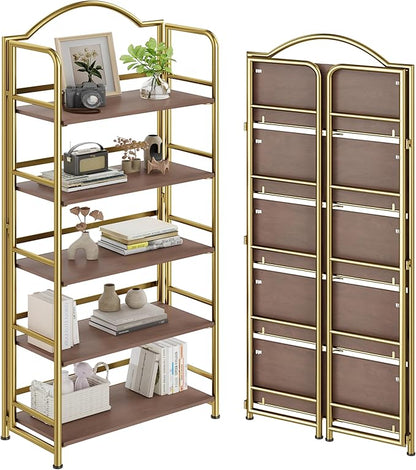 No-Assembly Gold Folding Bookshelf Storage Shelves 5 Tiers Vintage Multifunctional Plant Flower Stand Storage Rack Shelves Bookcase for Home Office