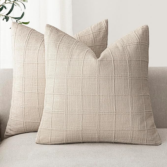 Foindtower Set of 2 Decorative Linen Check Throw Pillow Covers Neutral Farmhouse Vintage Cushion Covers Modern Boho Home Decor For Sofa Chair Couch Bedroom Living Room Outdoor,18×18 Inch,Natural Linen
