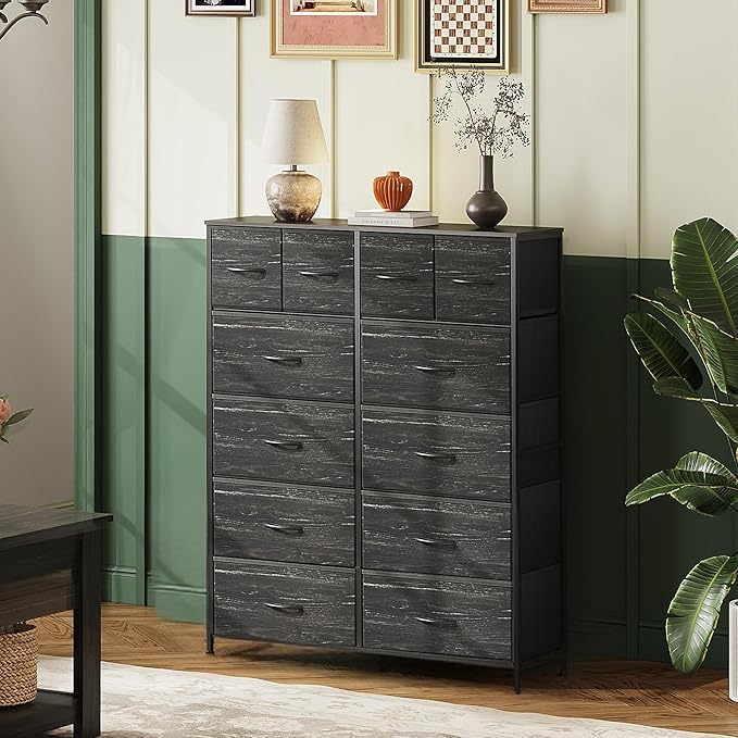 WLIVE Storage Organizer Unit with 12 Fabric Bins, Storage Drawers Organizer with Steel Frame, Tall Storage Tower Organizaton for Living Room, Hallway, Office, Charcoal Black Wood Grain Print