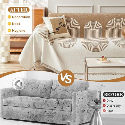 STACYPIK Modern Beige Geometric Couch Cover for Dog Boho Reversible Sofa Covers for 3 Cushion Couch Washable Furniture Protector Chenille Sofa Slipcover Loveseat Cover Multi-Use Throw Blanket-71X134IN