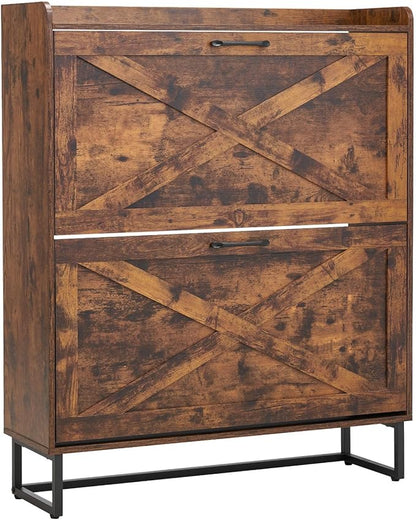 VEVOR Shoe Cabinet with 2 Flip Drawers, Farmhouse Shoes Storage Cabinet with Metal Legs and Anti-Tipping Device, Freestanding Shoe Organizer Ideal for Entryway, Hallway, Bedroom, Living Room, Brown