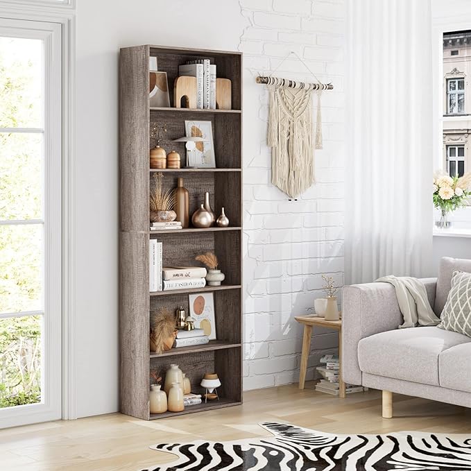 FOTOSOK 6-Tier Open Bookcase and Bookshelf, Freestanding Display Storage Shelves Tall Bookcase for Bedroom, Living Room and Office, Oak
