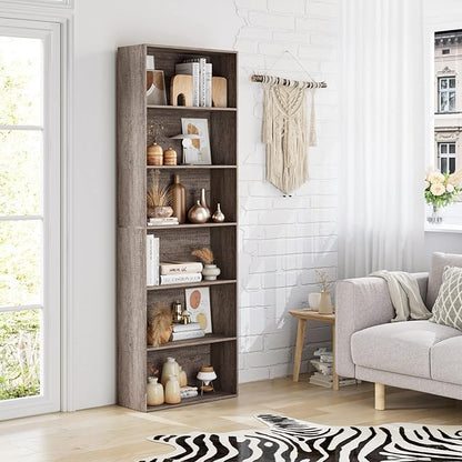 FOTOSOK 6-Tier Open Bookcase and Bookshelf, Freestanding Display Storage Shelves Tall Bookcase for Bedroom, Living Room and Office, Oak