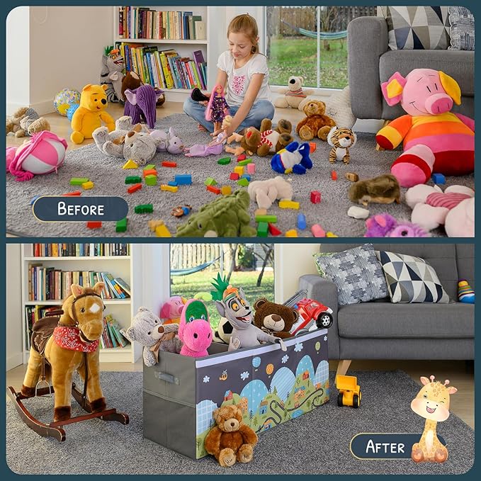 Extra Large Toy Storage Organizer with Lid - Sturdy, Collapsible Toy Chest Storage Box with Cute Design - Toys Bin with Dividers for Kids, Boys, Girls, Nursery, Bedroom, Play room 37"x16"x14"