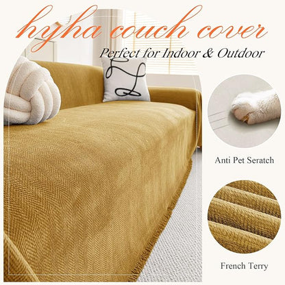 hyha Couch Cover for Dogs, Boho Sofa Covers for 3 Cushion Couch Washable, Chenille Sofa Slipcover for Pets, Soft Loveseat Sectional Couch Throw Blankets with Tassels (Yellow, 88.5x118 Inch)