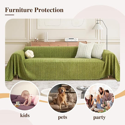 Nobildonna Sofa Cover Washable Soft Thicken Chenille Couch Cover with Tassel,Waterproof Sofa Slipcovers for 2 Cushion Couch,Loveseat,Futon Couch Furniture Protector Pet-Friendly,Yellow Green 71"x102"